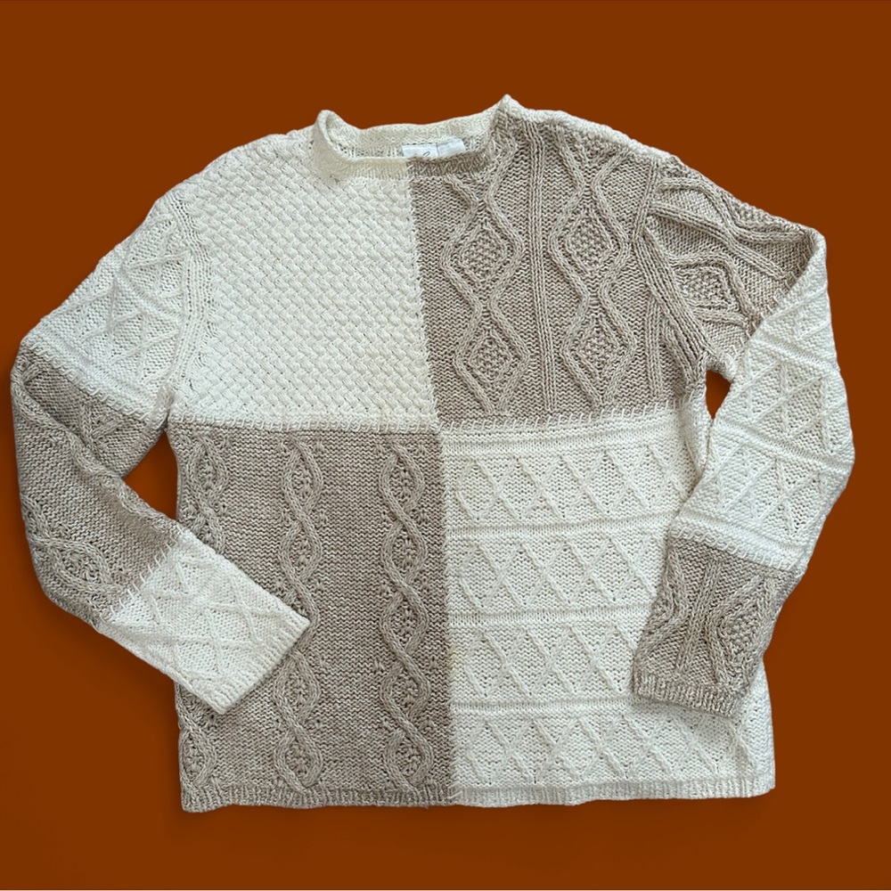 Liz Claiborne Cream and Tan Patchwork Crewneck Sweater